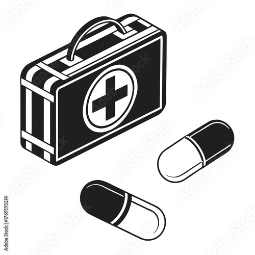 This vector illustration features a first aid kit and pills, perfect for medical, health, and safety related designs and user interfaces