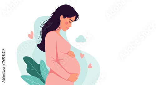 Illustration of a pregnant woman holding her belly with a gentle smile.