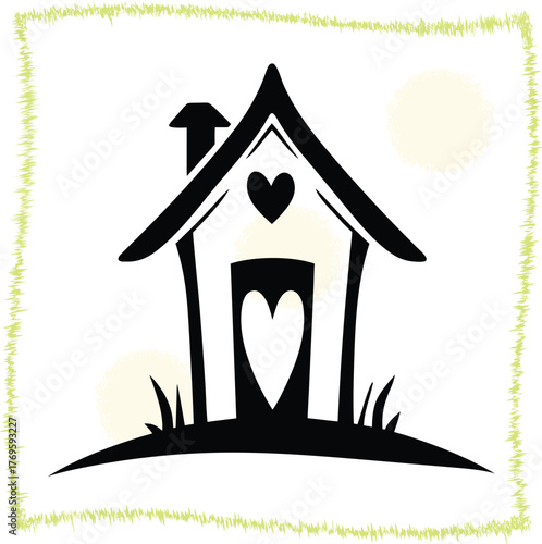 Whimsical Black and White House Illustration with Heart Details for Home Decor and Sweet Home Concepts