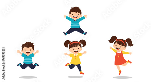 Group of happy children jumping and playing together on a white background.
