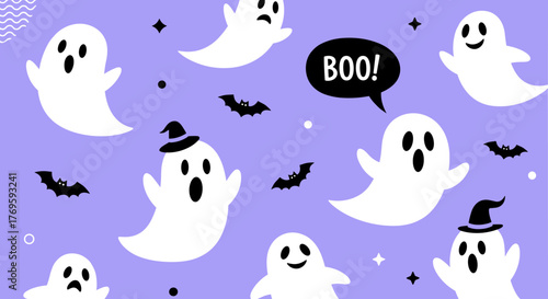 Cute Halloween ghost characters with bats and a speech bubble saying boo on a purple background.