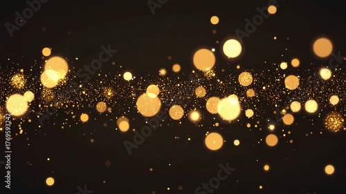 Golden bokeh particles shimmer and drift across a dark background creating a magical celebratory