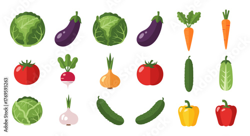 An assortment of colorful, stylized vegetables arranged in rows against a white background.
