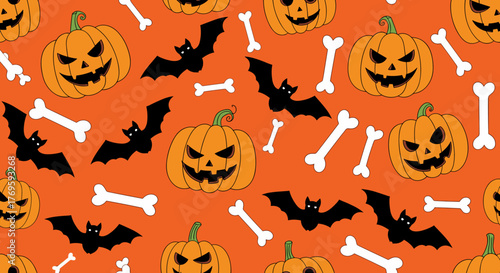 Seamless pattern of carved Halloween pumpkins, flying bats, and white bones on an orange background.