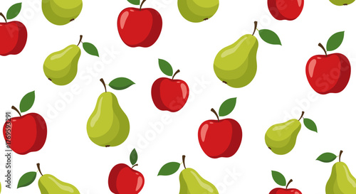 Seamless pattern of red apples and green pears with leaves on a white background.