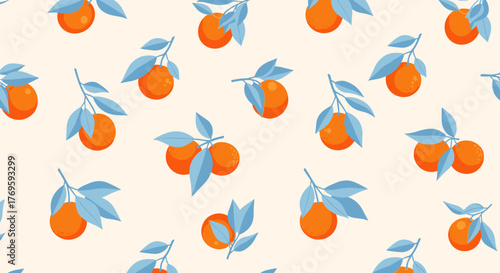 Seamless pattern of cartoon oranges with blue leaves on a cream background.