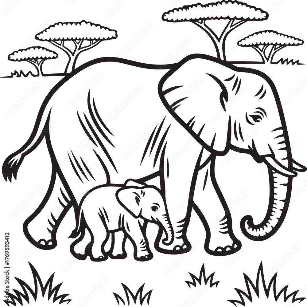 Fototapeta premium A beautiful line drawing of an elephant and its young calf.