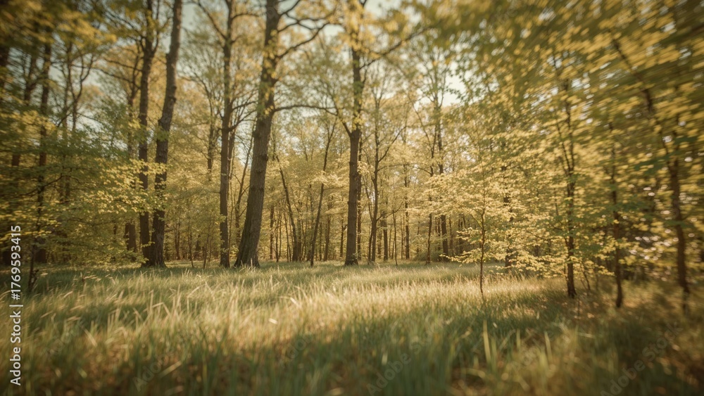 Fototapeta premium Blurred forest with trees and grassy ground in a natural woodland scene.