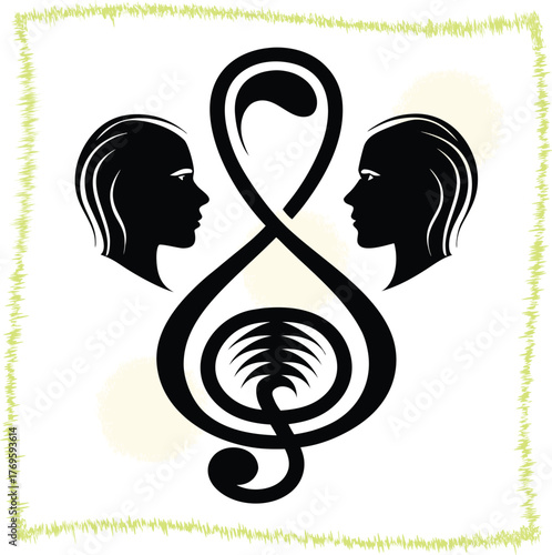 Symmetrical Music Treble Clef with Feminine Silhouettes Reflecting Abstract Harmony and Artistic Interpretation of Sound Representing Connection and Balance