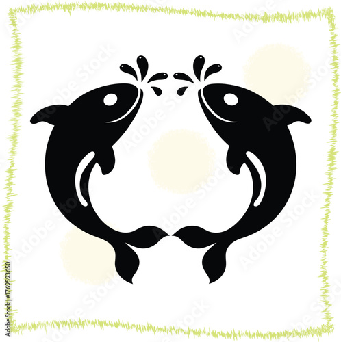 Elegant Silhouette of Two Fishes Meeting with Splashing Water Isolated on a White Background Representing Harmony and Balance in Nature and Design