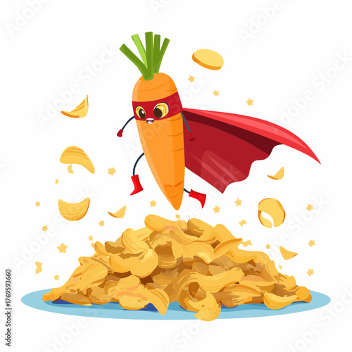 A giant carrot with a superhero cape dramatically flies over a fallen, sad-looking heap of potato chips.