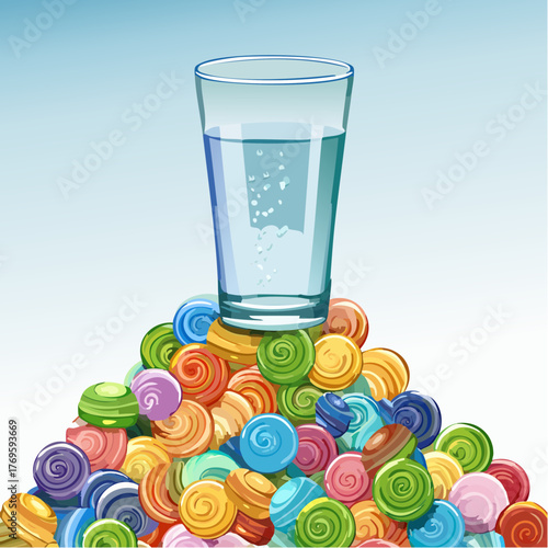 A glass of clear, sparkling water sits atop a towering mountain of brightly colored sugary candies.