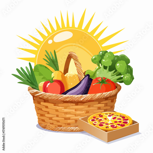 A bright, golden morning sun shines intensely on a basket of fresh produce but leaves a pizza box in shadow.