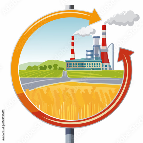 An open road sign points sharply left towards a field of grain and right towards a factory with smoke stacks.