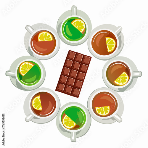 Steaming cups of herbal tea are arranged in a defensive perimeter around a forbidden, shiny chocolate bar.