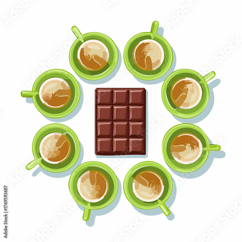 Steaming cups of herbal tea are arranged in a defensive perimeter around a forbidden, shiny chocolate bar.