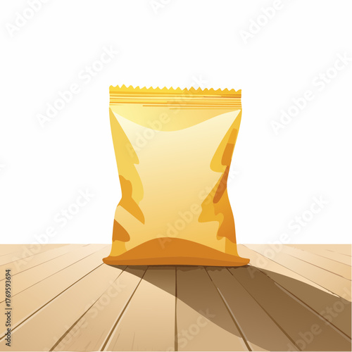 The shadow cast by an empty chip bag stretches long and distorted across a clean, sunlit wooden floor.