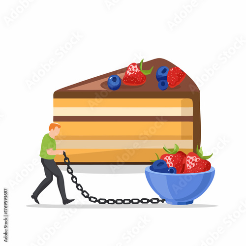 A heavy chain is visibly dragging a large, exhausted piece of cake away from a bowl of fresh berries.