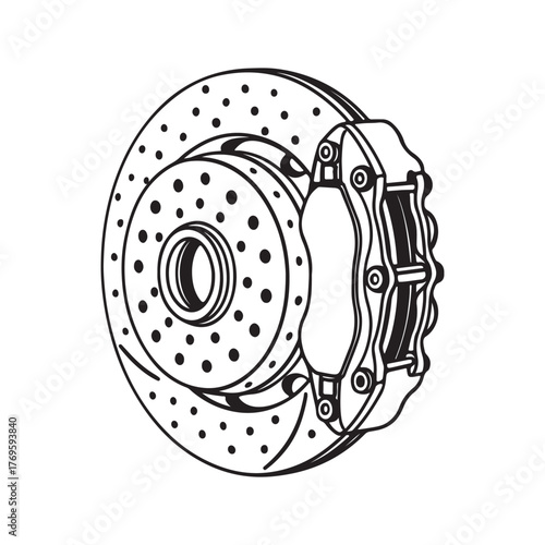 Automotive parts line art illustration brake disc with calipers  