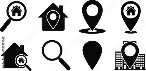 Black and white real estate icons representing location and searching