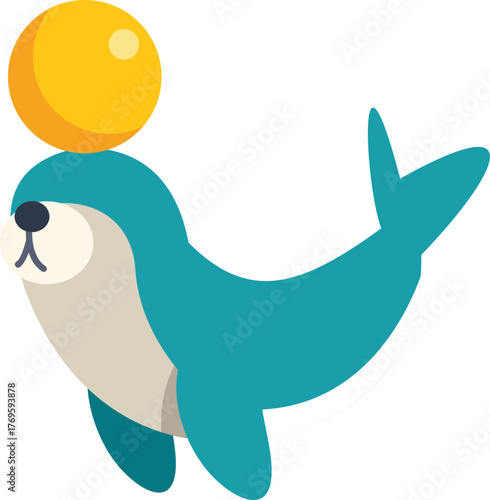 Cartoon seal balancing a yellow ball on its head, performing in a circus show