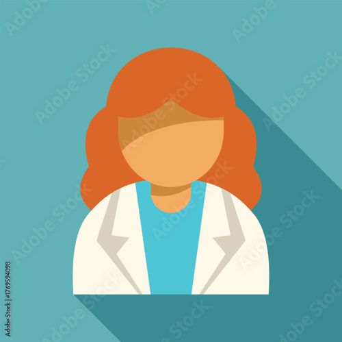 Flat design illustration of a female doctor with red hair, wearing a white coat and blue clothes, ideal for healthcare and medical concepts
