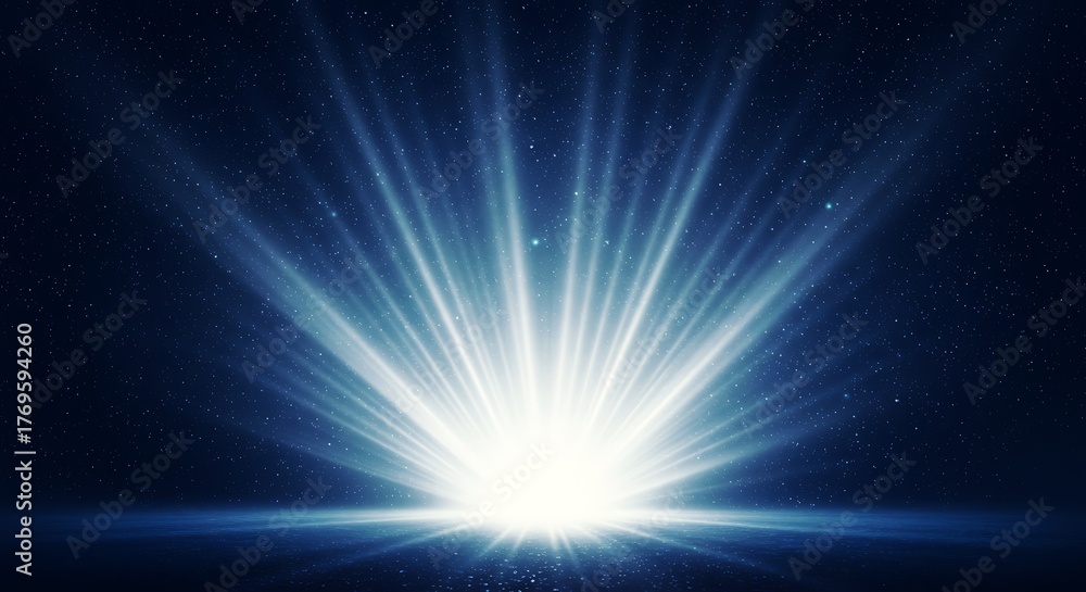 Fototapeta premium Bright blue light rays emanating from a central point against a dark starry background