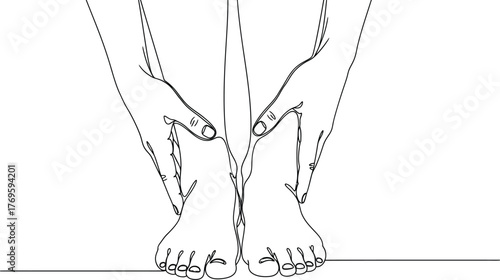 Continuous line drawing of hands touching feet in a minimalist style