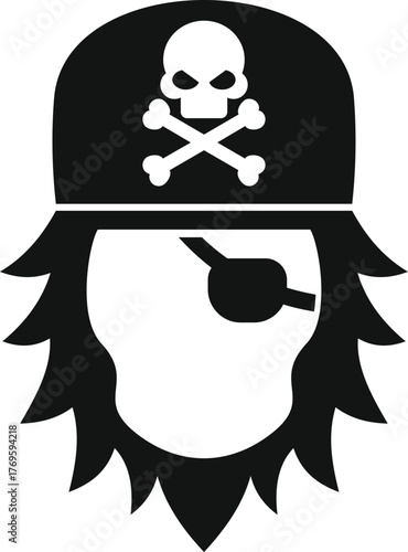 Simple icon of a pirate wearing an eyepatch and a hat with skull and crossbones