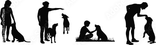 Silhouette of people training and playing with dogs, pet obedience, companionship and animal care concept illustration on white background