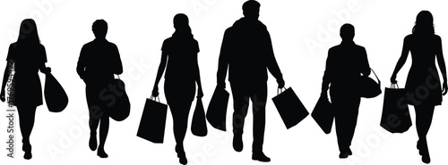 Silhouette of people walking with shopping bags, retail customers, urban lifestyle, consumerism and fashion concept illustration on white background
