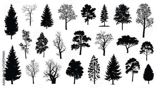 Tree Silhouette Vector – Isolated Forest Trees on White Background for Landscape Design, Architecture, Garden Planning, Urban Projects, Educational Materials, or Digital Illustrations