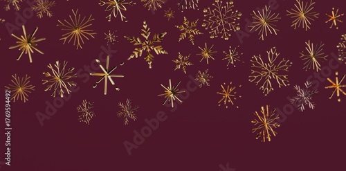 Stunning golden snowflakes against a rich burgundy backdrop, ideal for Christmas or New Year designs. Perfect for holiday cards, festive invitat