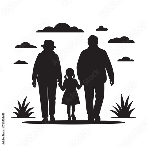 Silhouette of grandparents walking with their granddaughter in a park with clouds and grass