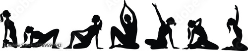 Silhouette of woman practicing yoga poses — meditation and stretching sequence, fitness and relaxation illustration for wellness and exercise design