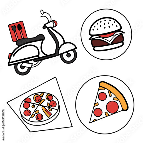 Fast food delivery scooter with pizza burger and cutlery icons for online ordering and takeout services