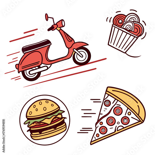 Fast food delivery service with a scooter bringing pizza burger and french fries to customers quickly