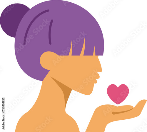 Profile of young woman holding a pink heart, sending love and compassion