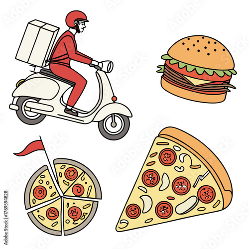 Fast food delivery service featuring a scooter rider burger and slices of pizza with a whole pizza