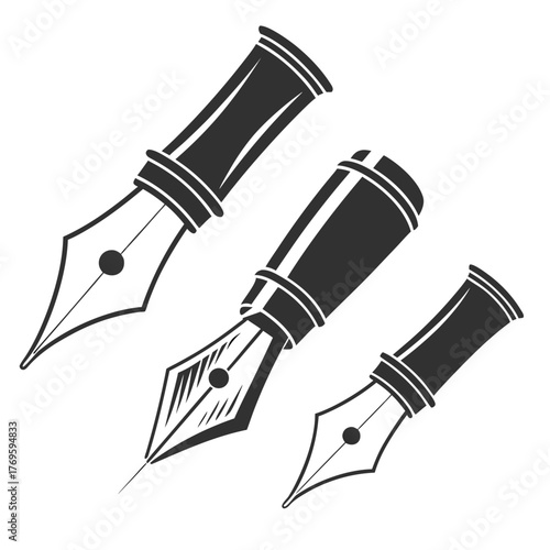 Three classic black and white fountain pen nibs with detailed ink reservoirs arranged diagonally on a white background
