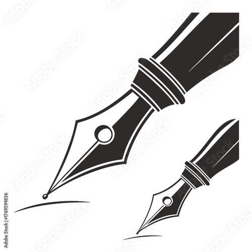 Classic black and white illustration of two elegant fountain pens writing on a white background