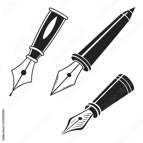 Collection of three classic black and white fountain pen nibs and barrels in different orientations on a white background