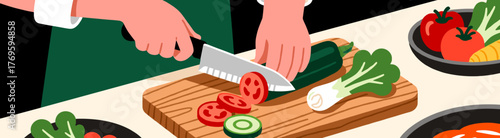 Chopping vegetables on wooden board in vector illustration