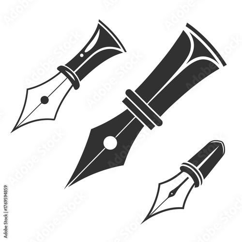 Three stylized dark gray fountain pen nibs with elegant curves and a white dot on a clean white background