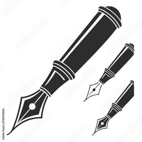 Classic fountain pen nib and barrel silhouettes in varying sizes on a white background