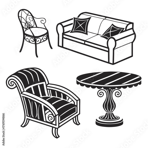 A collection of elegant black and white line art illustrations of furniture including a sofa armchair chair and table