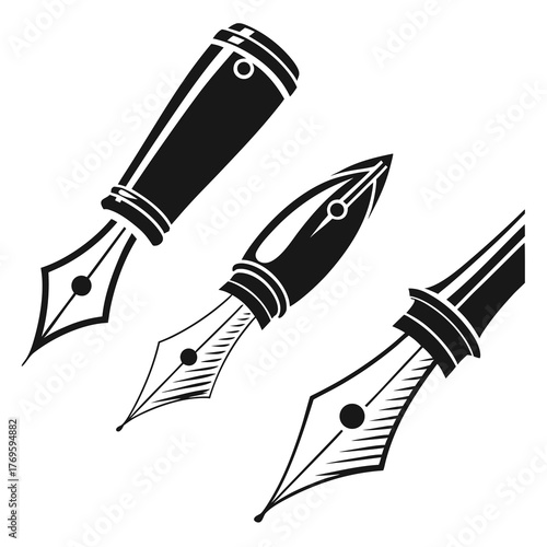 Collection of three stylized black and white fountain pen nibs and barrels with classic design elements