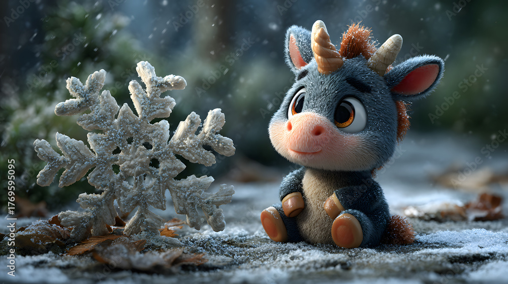 Naklejka premium Cute Winter Unicorn with Snowflake Magic
