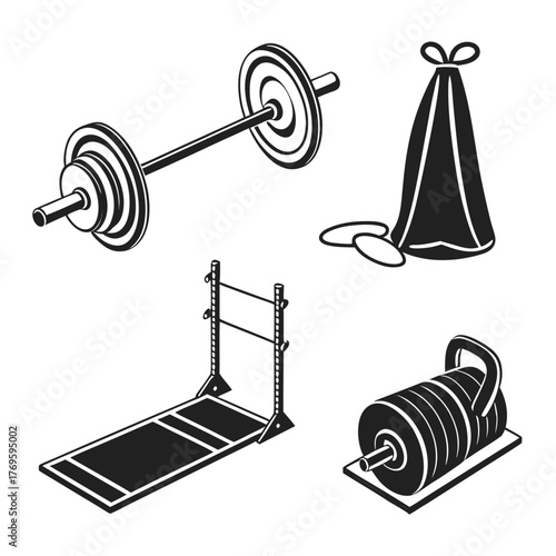 Collection of black and white illustrations of weightlifting equipment including a barbell weight plates a sandbag and a squat rack for fitness