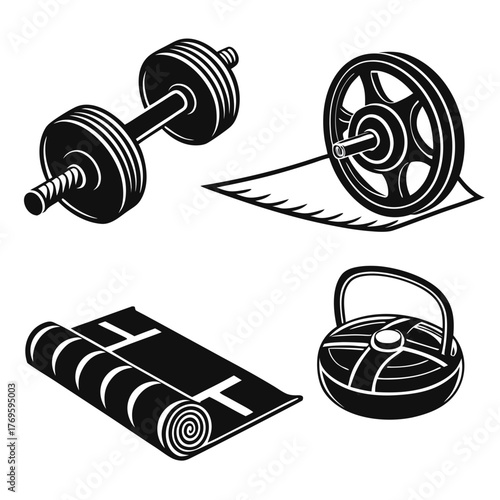 Collection of black and white vector illustrations of fitness equipment including a dumbbell weight plate yoga mat and kettlebell